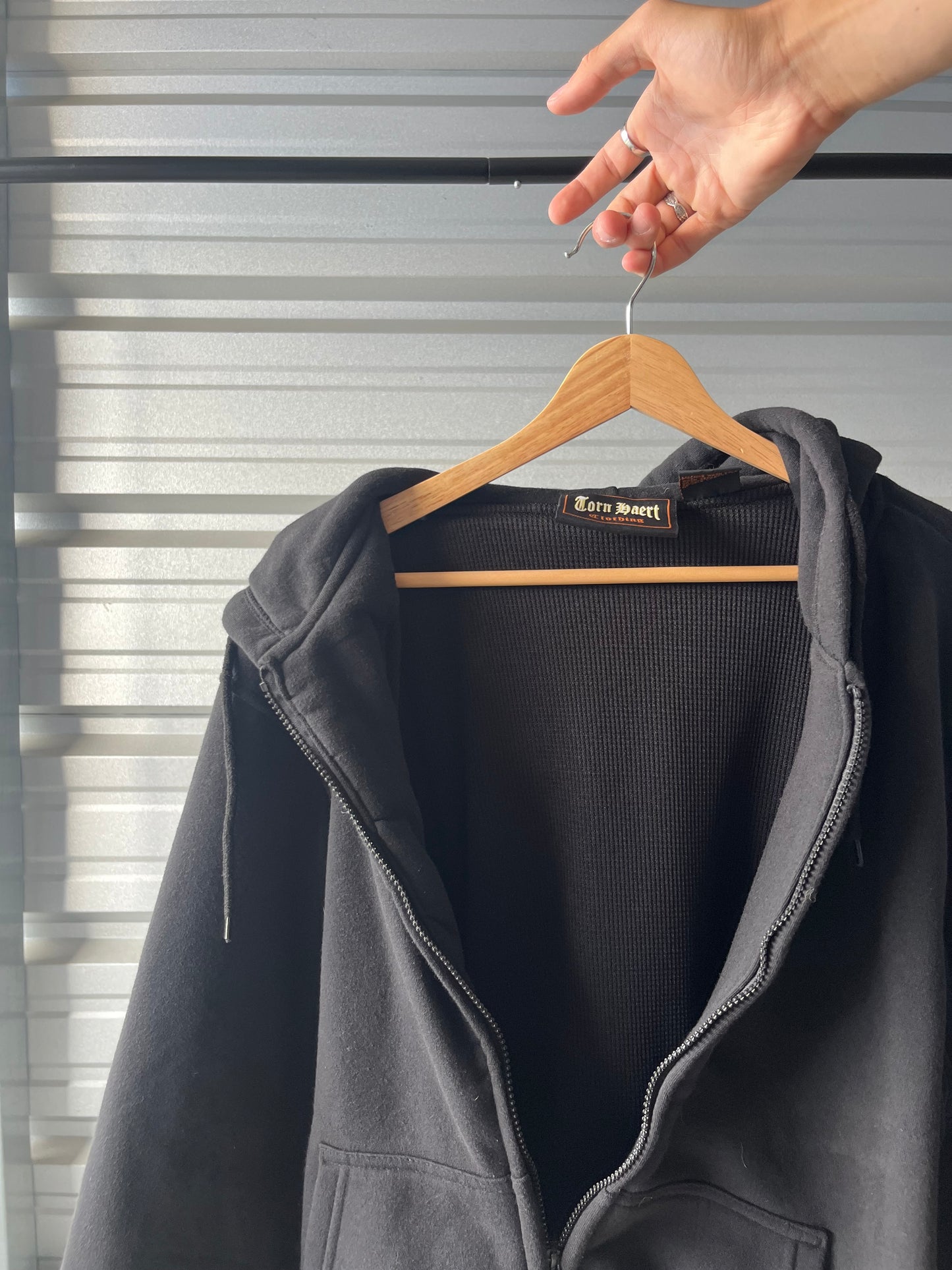 Vintage Thermal Lined Black Zip Hoodie - Large