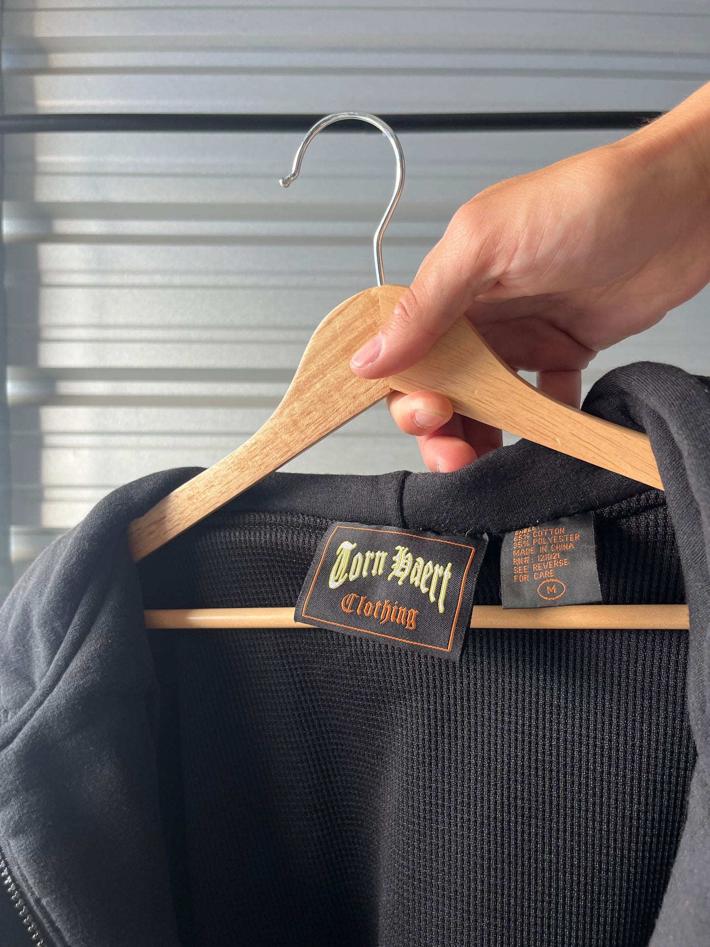 Vintage Thermal Lined Black Zip Hoodie - Large