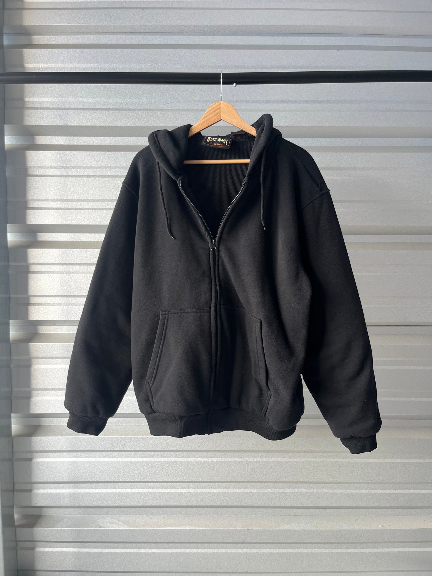 Vintage Thermal Lined Black Zip Hoodie - Large