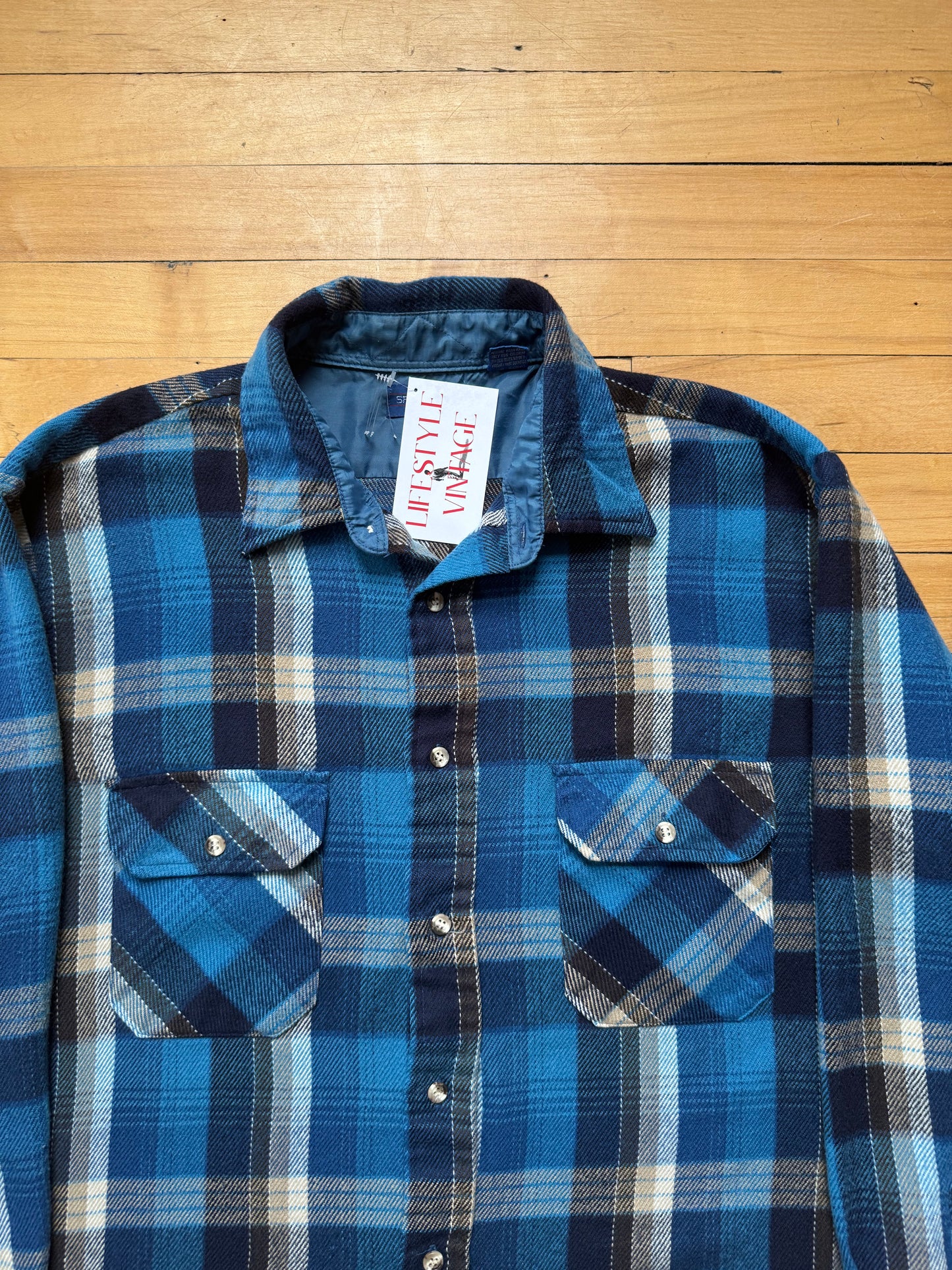 70s Blue Plaid Flannel - Large