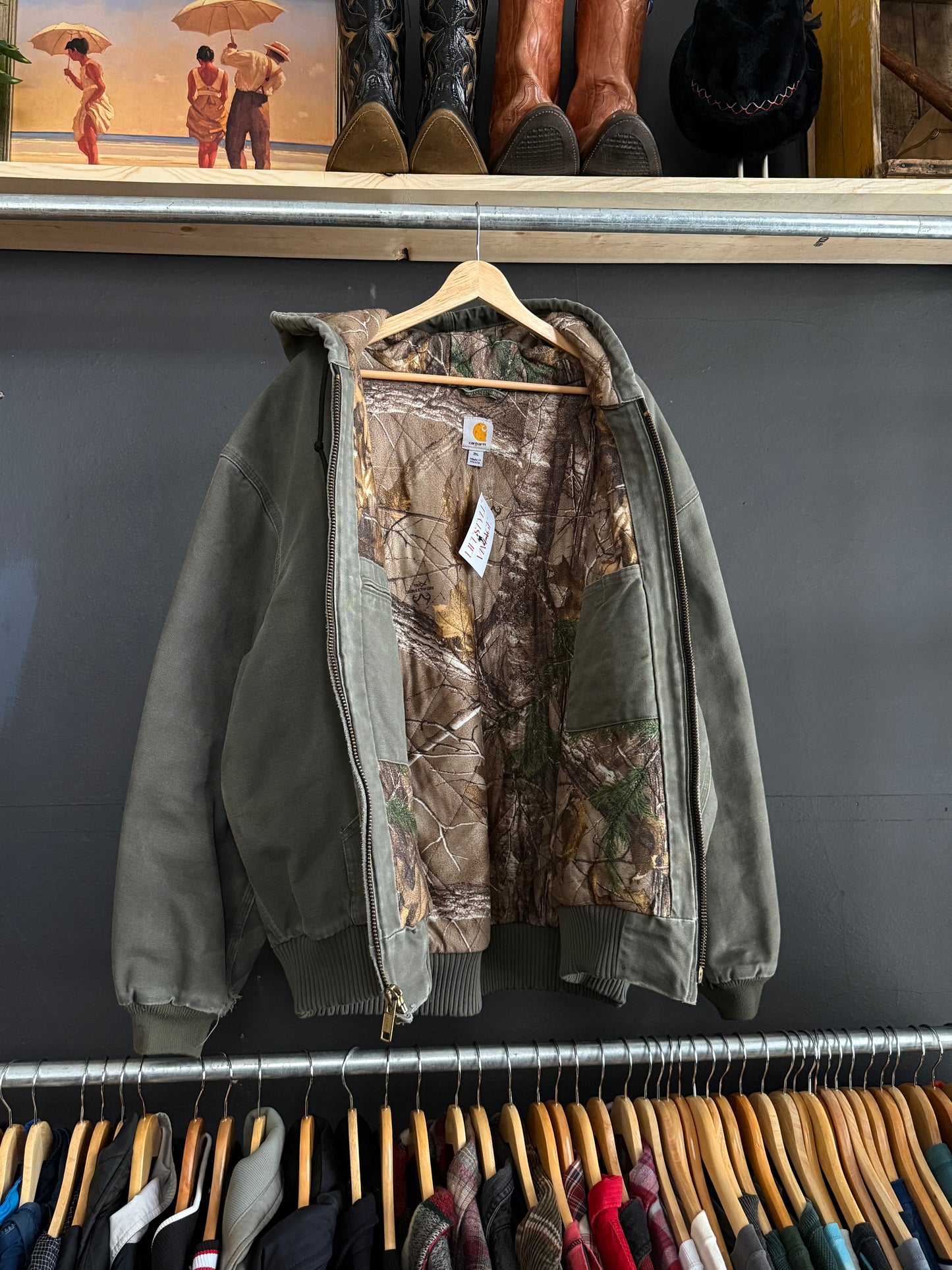 Vintage Faded Olive Green Carhartt Hooded Jacket - 2X